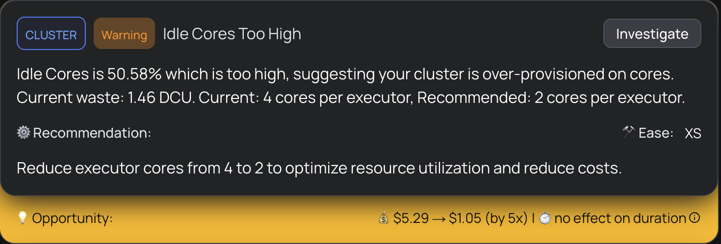 DataFlint cluster alert showing idle cores and recommendation to reduce executor cores
