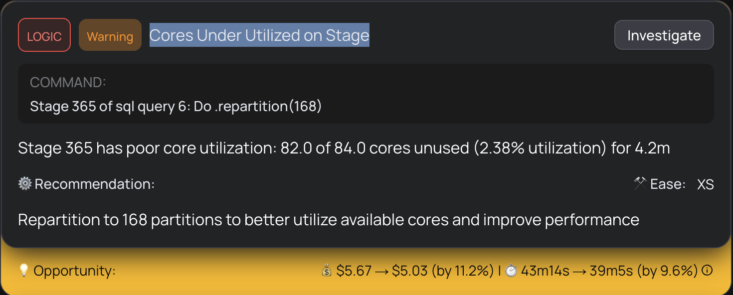 Stage 365 Spark metrics showing most cores unused and repartition recommendation