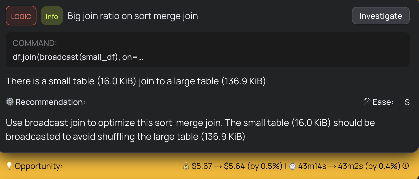 DataFlint detection of small table sort-merge joined to large table with broadcast recommendation
