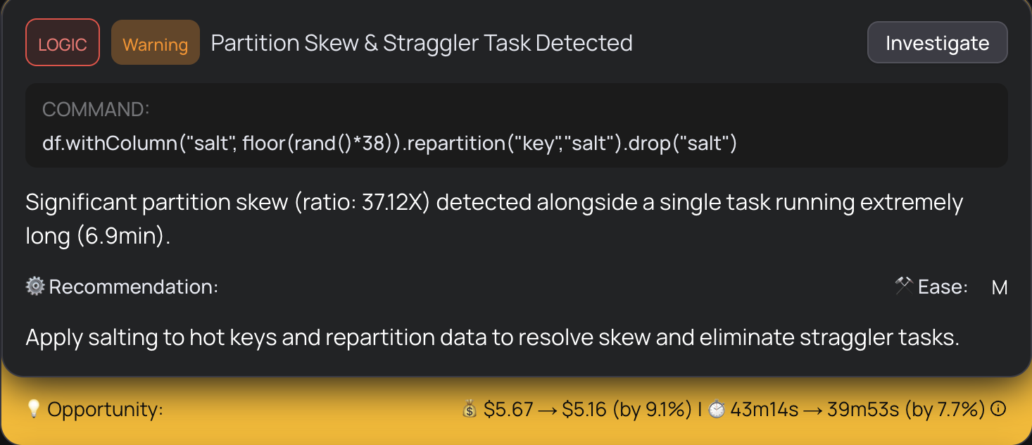 Partition skew visualization with straggler task duration and salting recommendation