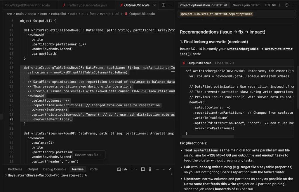 DataFlint Copilot running in Cursor IDE on NI’s codebase, showing the production context panel alongside the code editor.